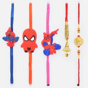 Impressive Golden Bhaiya Bhabhi Rakhi Pair with 3 Spider Man Kids Rakhis