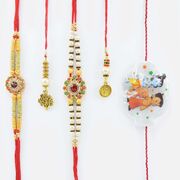1 Golden and 1 White Beads Rakhi with 2 Lumba and 1 Kid Rakhi