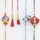 2 Zardosi and 2 Red Lumba Rakhi Set with 1 Kid Rakhi Set of 5 Rakhis