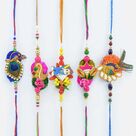 Set of 4 Zardosi and Peacock Rakhi Set with one Stylish Kid Rakhi