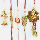 3 White and Sandalwood Bhaiya Rakhi with 2 Lumba Rakhis