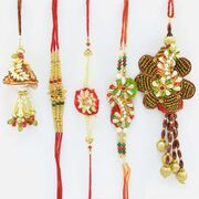 3 White and Sandalwood Bhaiya Rakhi with 2 Lumba Rakhis