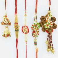 3 White and Sandalwood Bhaiya Rakhi with 2 Lumba Rakhis