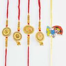 Golden Color Pear and Stone Studded Dazzling 2 Bhiaya Bhabhi Rakhis Set with Mickey Mouse Kid Rakhi