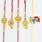 Golden Color Pear and Stone Studded Dazzling 2 Bhiaya Bhabhi Rakhis Set with Mickey Mouse Kid Rakhi