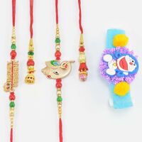 Two Bhaiya Two Bhabhi Amazing Looking Red Shaded Rakhis with Kids Doremon Band