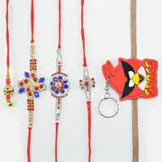 Anique Pattern Silver Jewels Dotted Brother Rakhis with Lumba and Angry Bird Kid Rakhi 