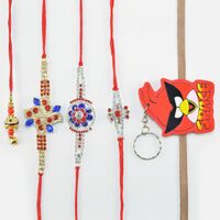 Anique Pattern Silver Jewels Dotted Brother Rakhis with Lumba and Angry Bird Kid Rakhi 
