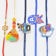 Three Cartoon Kids Rakhi with Flower Designed and Beaded Bhaiya Bhabhi Rakhi Set of 5