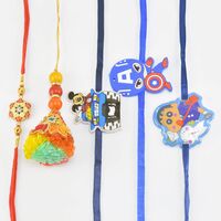 Three Cartoon Kids Rakhi with Flower Designed and Beaded Bhaiya Bhabhi Rakhi Set of 5