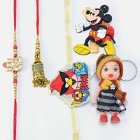 Angry Bird Doll and Mickey Mouse 3 Cartoon Kid Rakhi with Ganesha Brother and Unique Bhabhi Lumba Rakhi