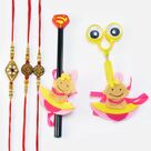Superman Pencil and Cartoon Kids Rakhi with Two Auspicious Ganesha and One Meena Work Brother Rakhi
