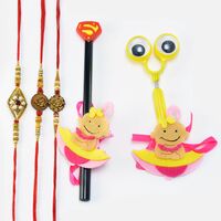 Superman Pencil and Cartoon Kids Rakhi with Two Auspicious Ganesha and One Meena Work Brother Rakhi