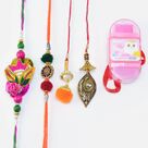 Zardosi Work and Om Written Brother Rakhis with 2 Lumba Rakhi and One Sharpener Toy Kid Rakhi
