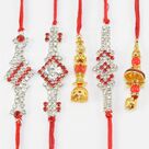Red and Silver Stones Diamond Studded Amazing Three Brother Rakhis with Two Hanging Lumba Rakhis