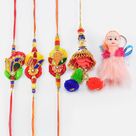 Zardosi Pattern Flowerish Three Brother Rakhis with Lumba and One Doll Kid Rakhi for Girl Kid