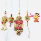 Rich Work Heavy Looking Two Marvelous Bhaiya Bhabhi Rakhis with One Chota Bheem Cartoon Kid Rakhi Set of 5