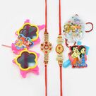 5 Rakhis Set with Three Small Kids Rakhi and Two Jewel Dotted Shining Brother Rakhis Set