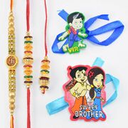 Multi Color Beaded Bhaiya Bhabhi Rakhis with Swastika Brother Rakhi and Two Vir and Sweet Brother Kids Rakhi
