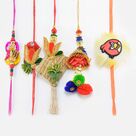 Bhaiya Bhabhi Rakhi Pair with Two Zardosi Work Nice Looking Brother Rakhis and One Angry Bird Kid Rakhi