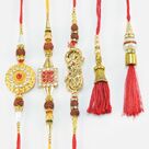 Unique Designed Mauli Thread Bhaiya Bhabhi 2 Rakhis Set with One Coin Shape Extra Brother Rakhi