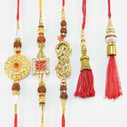Unique Designed Mauli Thread Bhaiya Bhabhi 2 Rakhis Set with One Coin Shape Extra Brother Rakhi