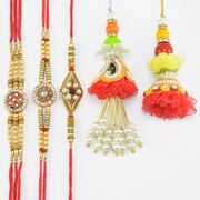 Three Pear and Beads Pettern Brother Rakhis with 2 Red Shaded Attractive Lumba Rakhis