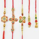 Red Bead in Mid 2 Lumba Rakhis with Three Flower Shape Red Mauli Brother Rakhis