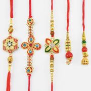 Red Bead in Mid 2 Lumba Rakhis with Three Flower Shape Red Mauli Brother Rakhis