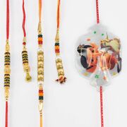 2 Pair of Black Jewel and Golden Beads Bhaiya Bhabhi Rakhis with Ganesha Kid Rakhi