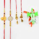 Set of 5 Rakhis of Amazing Rakhi with Two Brother 2 Lumba and 1 Plane Kid Rakhi 