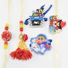 Red Flower Bhaiya Bhabhi Rakhi with Three Different Cartoon Kids Rakhi 