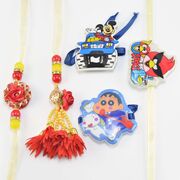 Red Flower Bhaiya Bhabhi Rakhi with Three Different Cartoon Kids Rakhi 