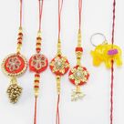 Flowerish Red Base Beads Two Bhaiya and Bhabhi Rakhi with Elephant Kid Rakhi