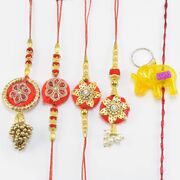 Flowerish Red Base Beads Two Bhaiya and Bhabhi Rakhi with Elephant Kid Rakhi