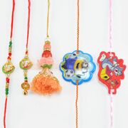 Two Stunning Looking Lumba and One Brother Rakhi set with Kid Cartoon Rakhis