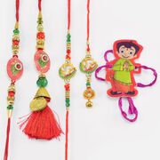 Two Meenakari Work and Peacock Bhaiya Bhabhi Rakhi with Chhota Bheem Kid Rakhi 