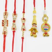Three Shining Jewel Stones Brother Rakhi with Modern Stylish Lumba Rakhi Set of 5
