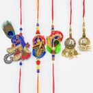 Zardosi Rich work Handcrafted Peacock Designed Three Brother Rakhis with Two Lumba Rakhi Set of 5