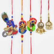 Zardosi Rich work Handcrafted Peacock Designed Three Brother Rakhis with Two Lumba Rakhi Set of 5