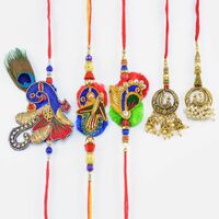 Zardosi Rich work Handcrafted Peacock Designed Three Brother Rakhis with Two Lumba Rakhi Set of 5