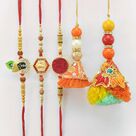 Divine Shri Krishna Ganesha and Trishul Brother Rakhis with 2 Lumba Bhabhi Rakhis Set of 5