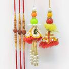 Rudraksha and Sandalwood Beads Three Brother Rakhis with 2 Fine Work Lumba Rakhis Set of 5