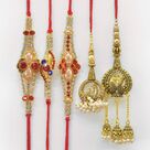 Pearl Studded 3 Jewel Amazing Brother Rakhis with Stylish Bhabhi Rakhis Set of 5