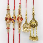 Pearl Studded 3 Jewel Amazing Brother Rakhis with Stylish Bhabhi Rakhis Set of 5