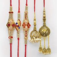 Pearl Studded 3 Jewel Amazing Brother Rakhis with Stylish Bhabhi Rakhis Set of 5