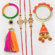3 Different and Unique Pattern Jewel Brother Rakhis with 2 Beautiful Kada Type Lumba Rakhis Set of 5