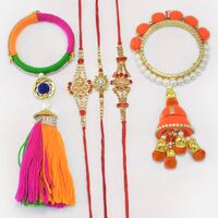3 Different and Unique Pattern Jewel Brother Rakhis with 2 Beautiful Kada Type Lumba Rakhis Set of 5