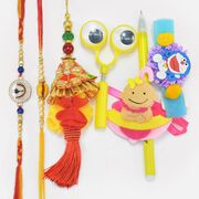 Om and Peacock Two Brother Rakhis with Lumba Rakhi and Two Kids Rakhis