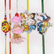 Peacock and Elephant Design 2 Brother Rakhis with Pink Lumba and Two Cartoon Kids Rakhi 